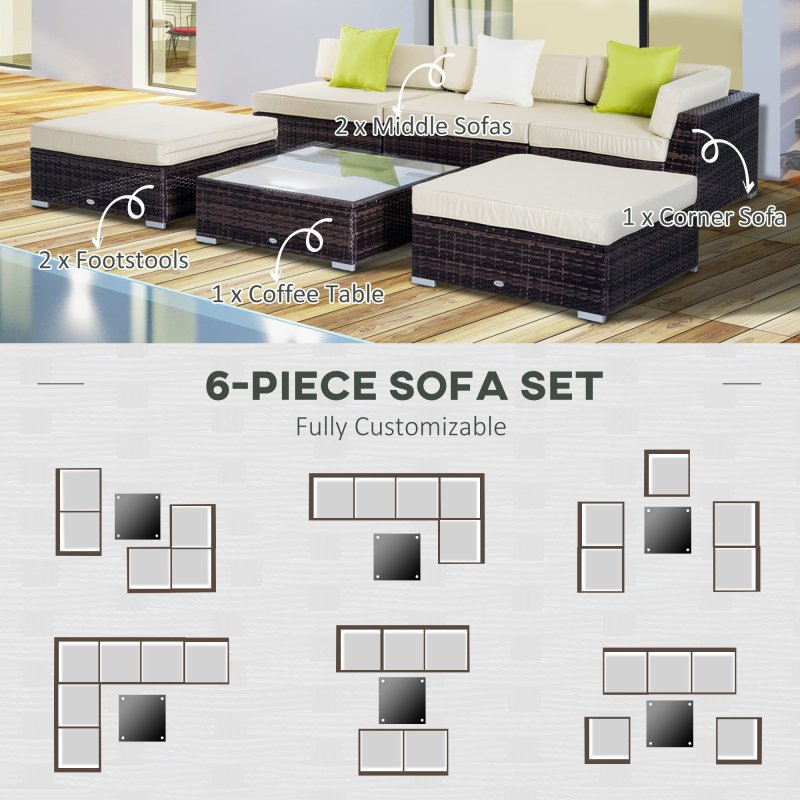 Outsunny 6 Pieces Rattan Garden Furniture Set, 5 Seater Garden Sofa Set with Thickened Cushions, Glass Top Coffee Table and Ottomans, Outdoor Sectional Conservatory Furniture with Pillows, Brown