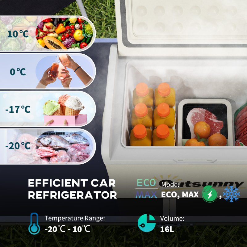 Outsunny 16L Car Refrigerator,  Portable Compressor Camping Fridge Freezer with 12/24V DC and 100-240V AC for Car, RV and Camping Use, Down to -20°C, Khaki