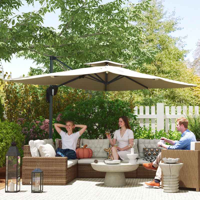Outsunny 3.7 x 2.7 m Cantilever Parasol w/ 360 Rotation and Easy Tilt Adjustment, Aluminium Hanging Offset Outdoor Umbrella w/ Double Top and Cross Base, UPF50+ Hanging Sun Shade, Grey Wood Effect