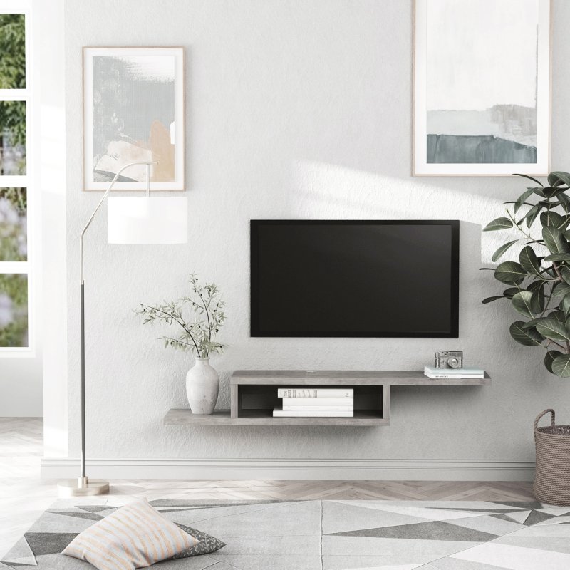 HOMCOM Floating TV Unit, Wall Mounted TV Stand with Open Shelf and 2 Cable Holes, Entertainment Unit for Living Room