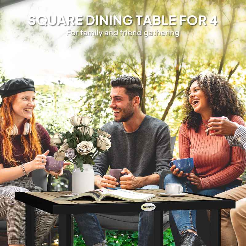 Outsunny Garden Table for 4 Person, Square 86 x 86 x 71cm Patio Outdoor Dining Table with 5.4cm Parasol Hole, Easy Clean Slatted Top, Metal Frame, for Balcony, Deck, Brown