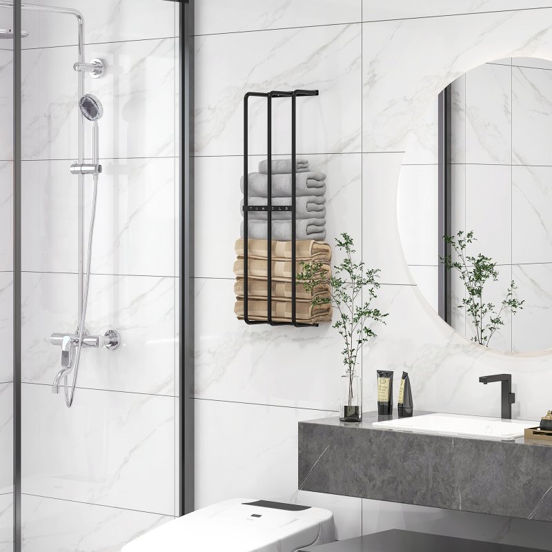 HOMCOM Towel Rack Wall Mounted, Metal Towel Rail Holds Up to 6 Large Size (150 x 100cm) Rolled Towels, 3 Bar Towel Storage for Bathroom, 21 x 12 x 74cm, Black