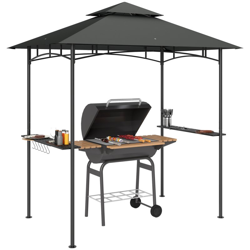 Outsunny 2.4 x 1.5 m (8' x 5') Grill Gazebo Canopy with LED Lights, Double Tiered Outdoor BBQ Gazebo Shelter with 2 Side Shelves, Storage Basket and Hooks for Garden, Barbecue, Picnic, Dark Grey
