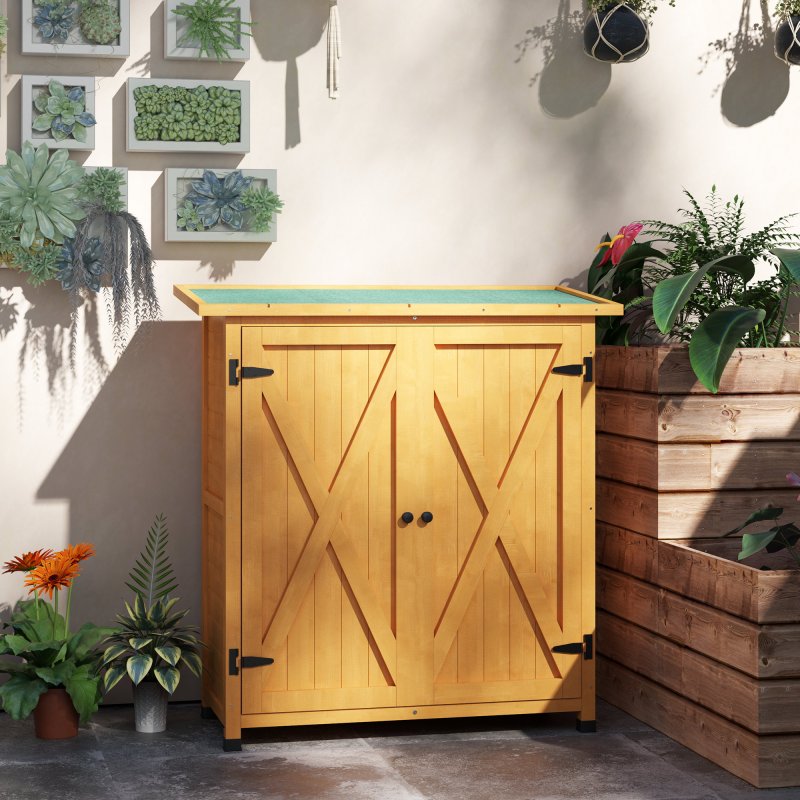 Outsunny Wooden Garden Storage Shed, Tool Cabinet Organiser with Shelves and Double Door, 110 x 55 x117cm, Yellow