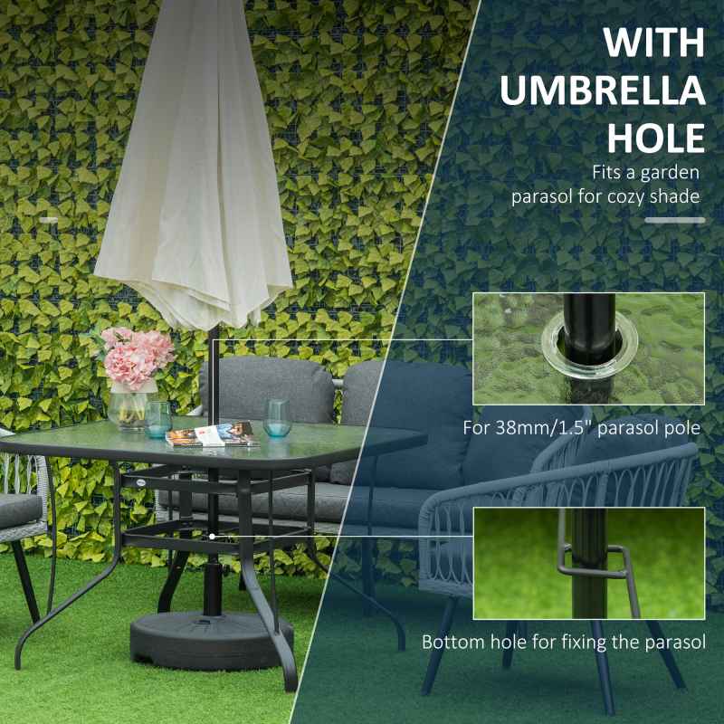 Outsunny 106.5cm Square Garden Table with Tempered Glass Top, Outdoor Patio Dining Table with Parasol Hole, Steel Frame for Garden, Lawn, Patio, Black