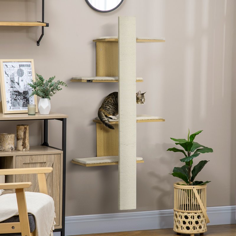 PawHut Cat Tree for Indoor Cats, Four-Layer Wall-Mounted Shelf, Cat Wall Furniture, Kitten Perch Climber Furniture w/ Cushions, Scratching Board - Oak Tone