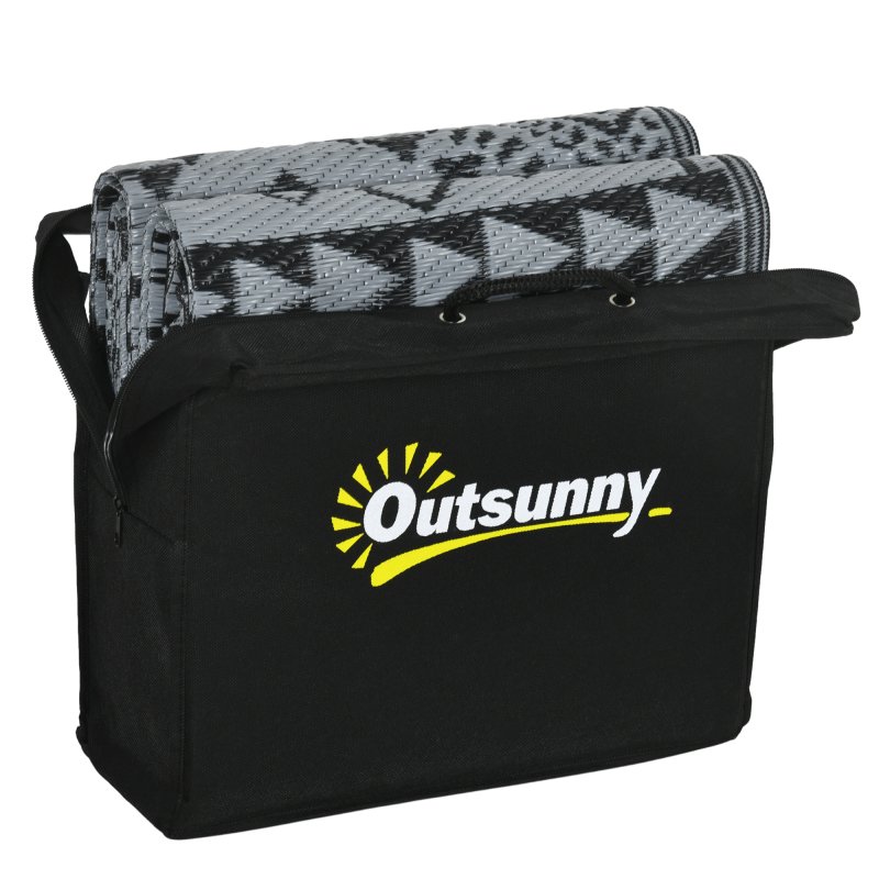 Outsunny Reversible Outdoor Rug with Carry Bag, Waterproof Plastic Straw Mat for Garden, Deck, RV, Picnic, Beach, Camping, 182 x 274cm, Black and Grey