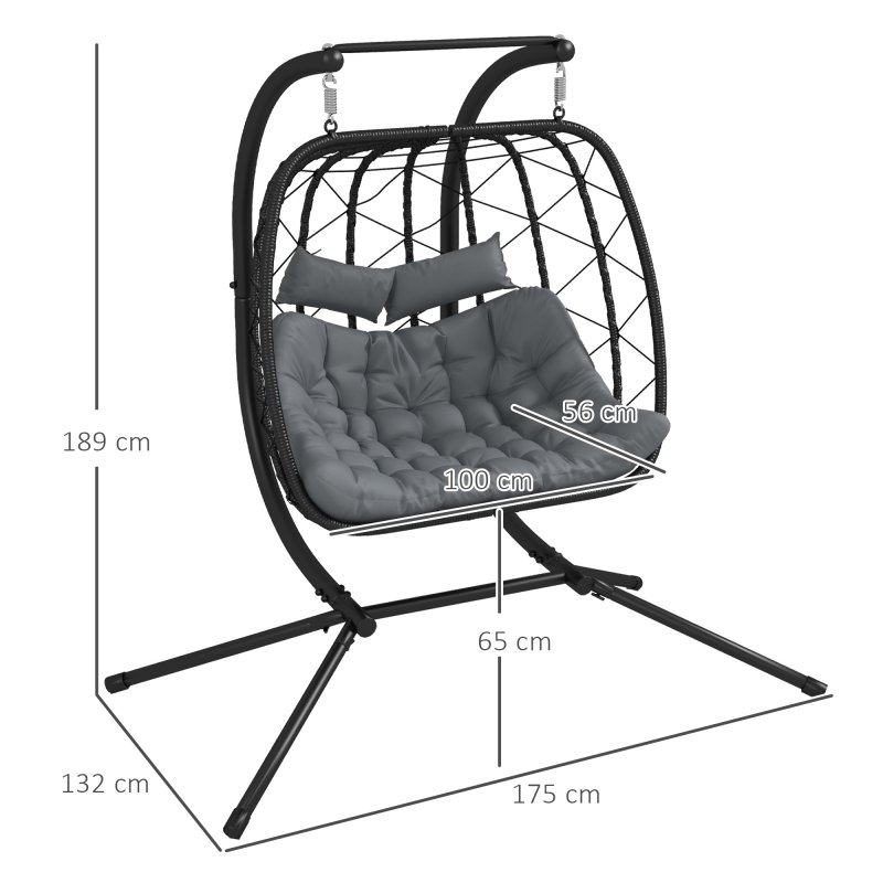 Outsunny Outdoor PE Rattan 2 Seaters Swing Chair with Thick Padded Cushion, Patio Hanging Egg Chair with Metal Stand, Headrest, for Indoor and Outdoor, Black
