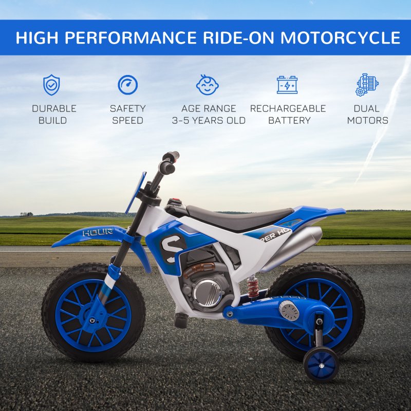HOMCOM Kids Electric Motorbike, 12V Battery Powered Kids Motorbike for Boys and Girls with Training Wheels, Start-up Button, Pedal, for Ages 3-5 Years - Blue