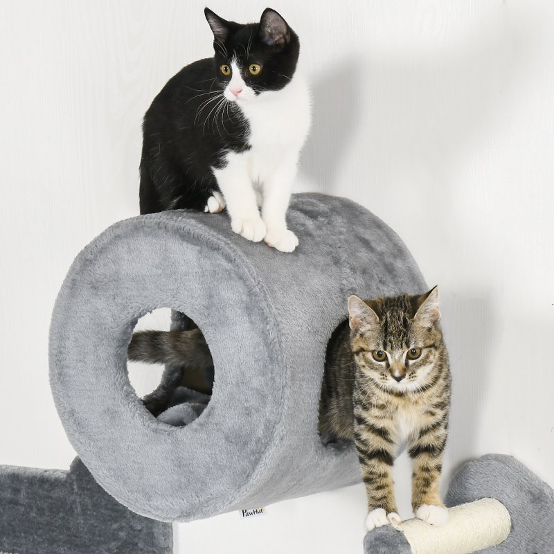 PawHut 4PCs Wall Mounted Cat Tree, Cat Wall Furniture with Platforms, Steps, Scratching Post, Perch, Cat House for Indoor Cats - Grey