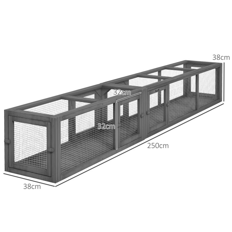 PawHut Wooden Cat Tunnel, Cat Play Tunnel 250cm Extra Long, with Eight Doors, L-Shape/Rectangle, for Cat, Rabbit, Puppy, Dark Grey