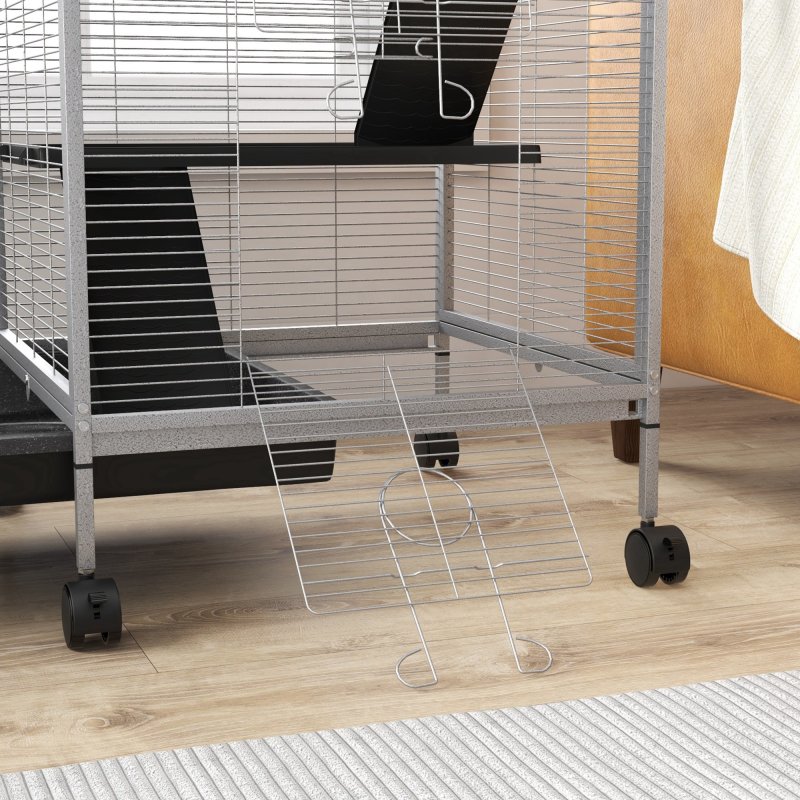 PawHut Small Animal Cage with Wheels Pet Home for Chinchillas Ferrets Kittens, with Hammock, 4 Platforms, Removable Tray, Light Grey
