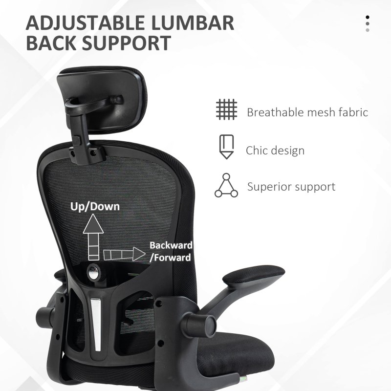 Vinsetto High Back Office Chair, Mesh Computer Desk Chair with Rotatable Headrest, 4D Lumbar Support, Flip-up Arm, Adjustable Height, Black
