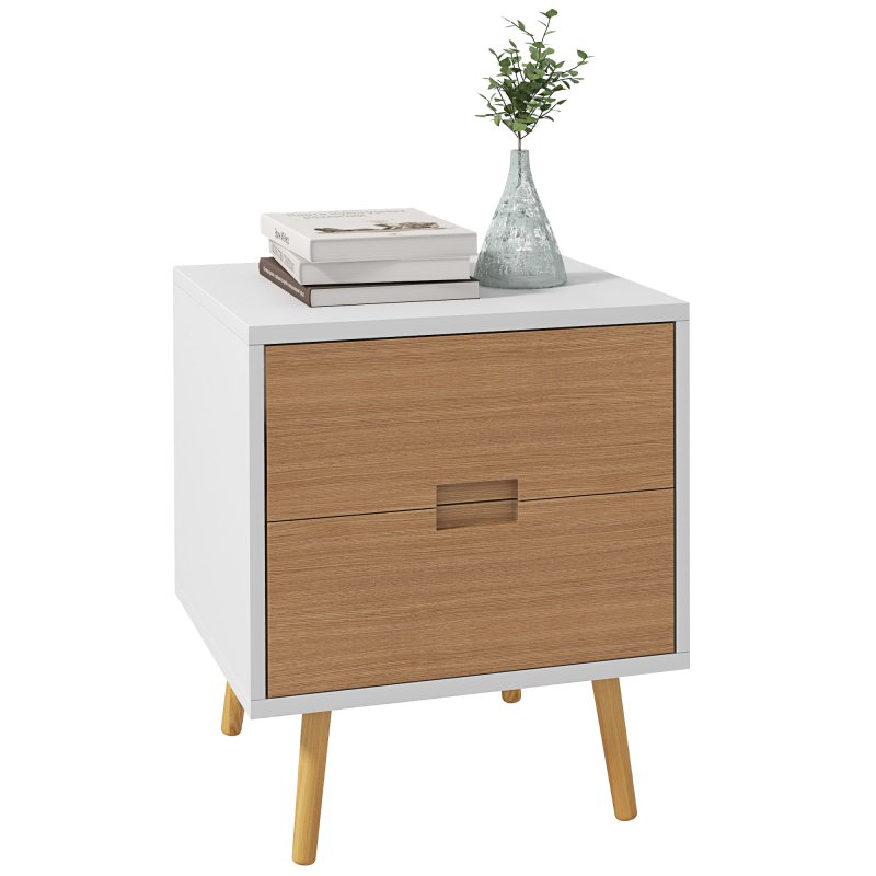 HOMCOM Bedside Table, Modern Nightstand with 2 Drawers, Small Sofa End Table with Storage and Solid Wood Legs for Bedroom, Living Room, Brown