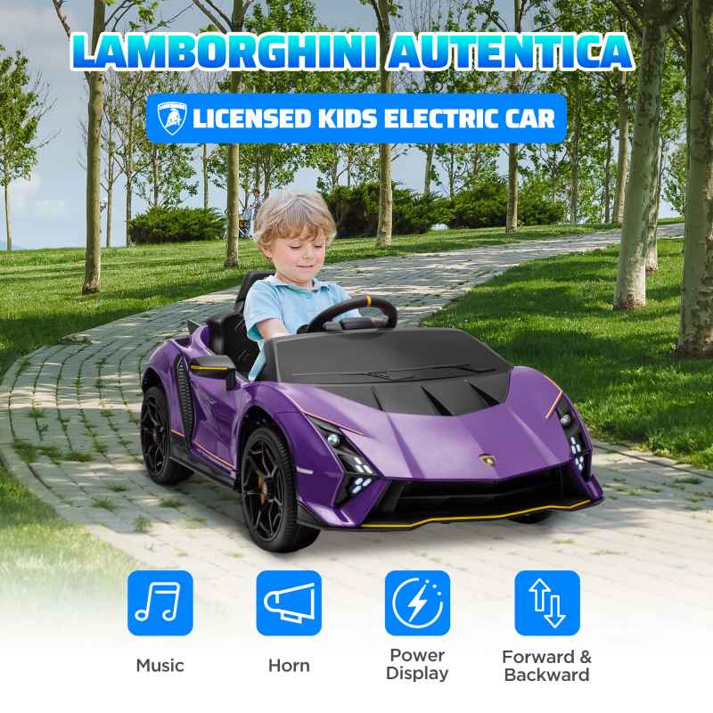 AIYAPLAY 12V Lamborghini Autentica Licensed Kids Electric Car with Butterfly Doors, Ride on Car with Remote Control, 4 Suspension Wheels, Soft Start, LED Lights, Music, Horn, Purple