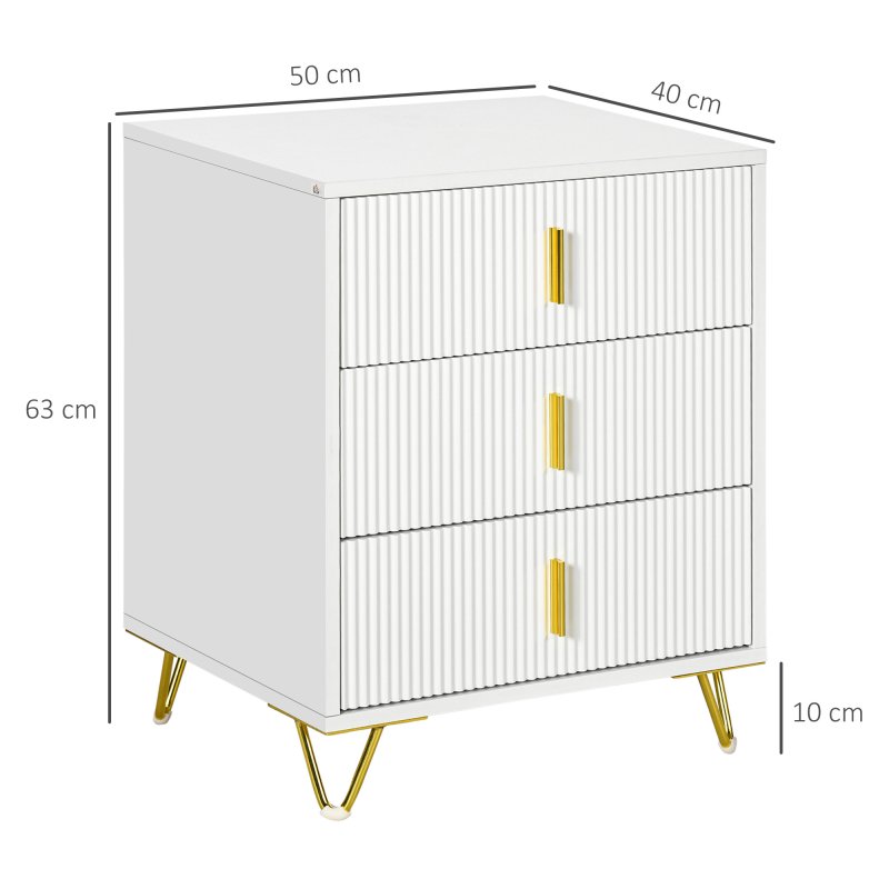 HOMCOM Modern 3 Drawer Dresser, Fluted Bedroom Dresser Chest of Drawers with Metal Legs and Steel Handles for Bedroom, White