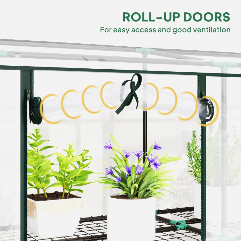 Outsunny 3 Tier Lean-to Mini Greenhouse with Reinforced Plastic Cover, Portable Indoor Outdoor Green House with 3 Roll-up Doors and 9 Wire Shelves, 151H x 215W x 46Dcm, Clear