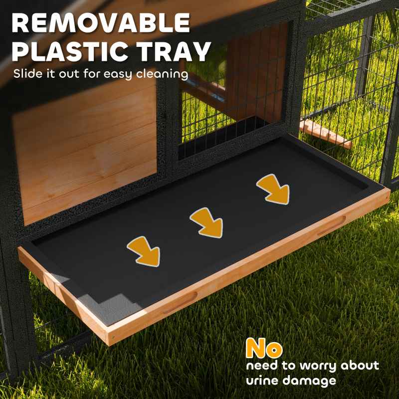 PawHut Rabbit Hutch Outdoor, Wooden Guinea Pig Hutch with Steel Run, Removable Leak Proof Tray, Water-Resistant Roof, Ramp, Small Animal House for 2-3 Bunnies, Guinea Pigs, 217 x 53 x 86 cm