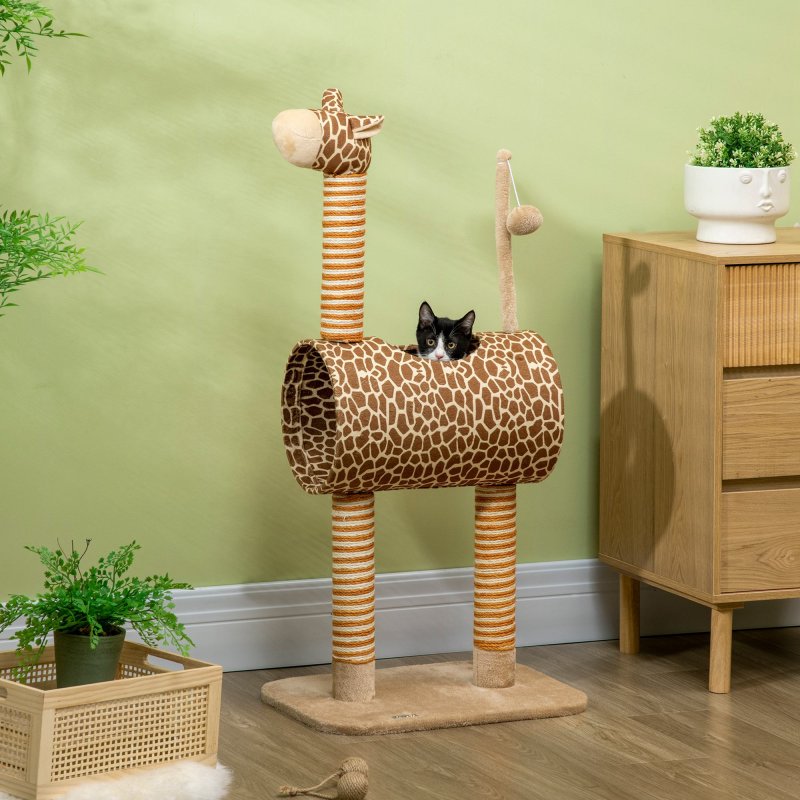 PawHut Cat Tree for Indoor Cats Cute Giraffe Kitten Play Tower w/ Scratching Posts, Tunnel, Toy Ball, 48.5 x 34.5 x 101cm - Beige
