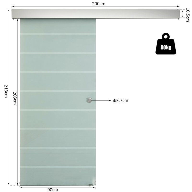 HOMCOM 90cm Sliding Glass Door with Hardware Track Kit, Frosted Tempered Glass with Stripe Pattern, Round Handle