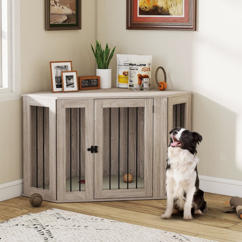 PawHut Dog Crate Furniture, Side Table Dog Kennel with Cushion, Large Door, for Large Dogs - Walnut Brown