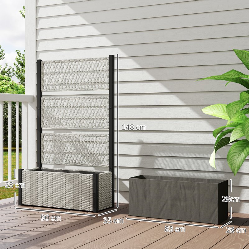 Outsunny Garden Planter Box with Trellis, Liner, Rattan Raised Bed, Trough Planter with Topped Trellis for Climbing Plants, Vegetables, Flowers, 90 x 35 x 148 cm, Mixed-grey