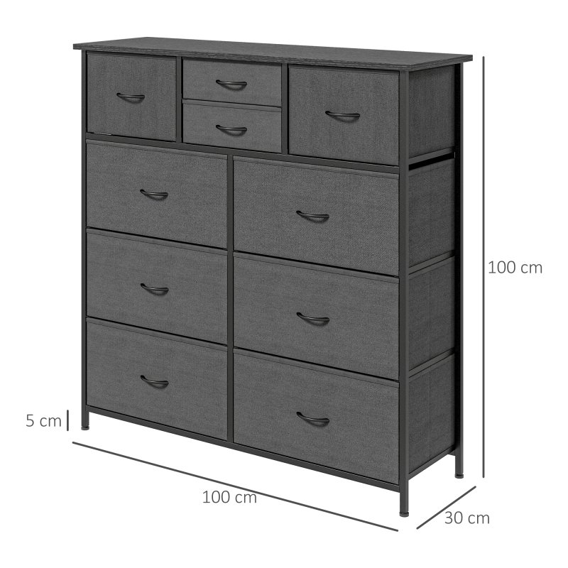 HOMCOM Chest of Drawers for Bedroom, Fabric Dresser, 10 Drawer Storage Organizer Unit with Foldable Drawers and Steel Frame