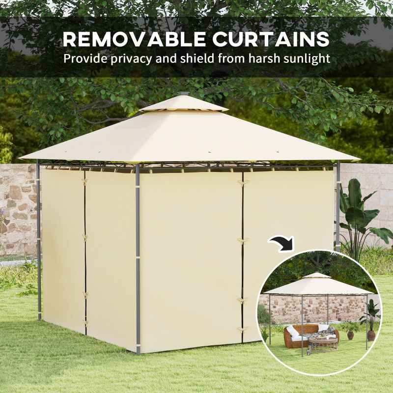 Outsunny 3 x 3 m Garden Gazebo, Double Roof Metal Gazebo with Curtains and Solar-Powered LED Lights, Outdoor Canopy Shelter for Patio, Deck, Beige