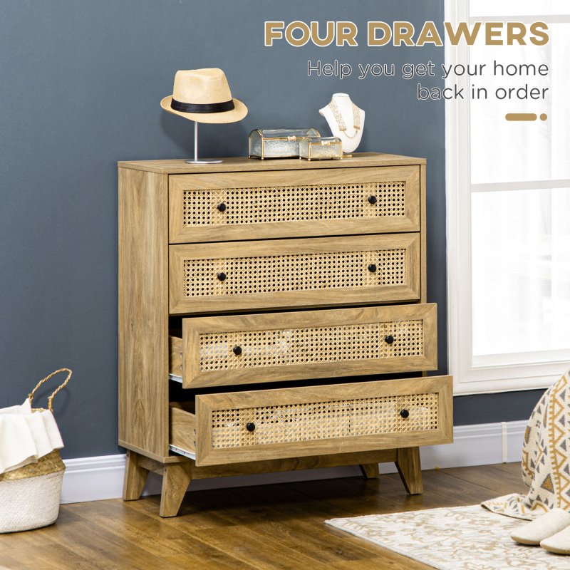 HOMCOM Chest of Drawers, 4-Drawer Storage Organiser Unit with Rattan Element for Bedroom, Living Room, Wood Effect