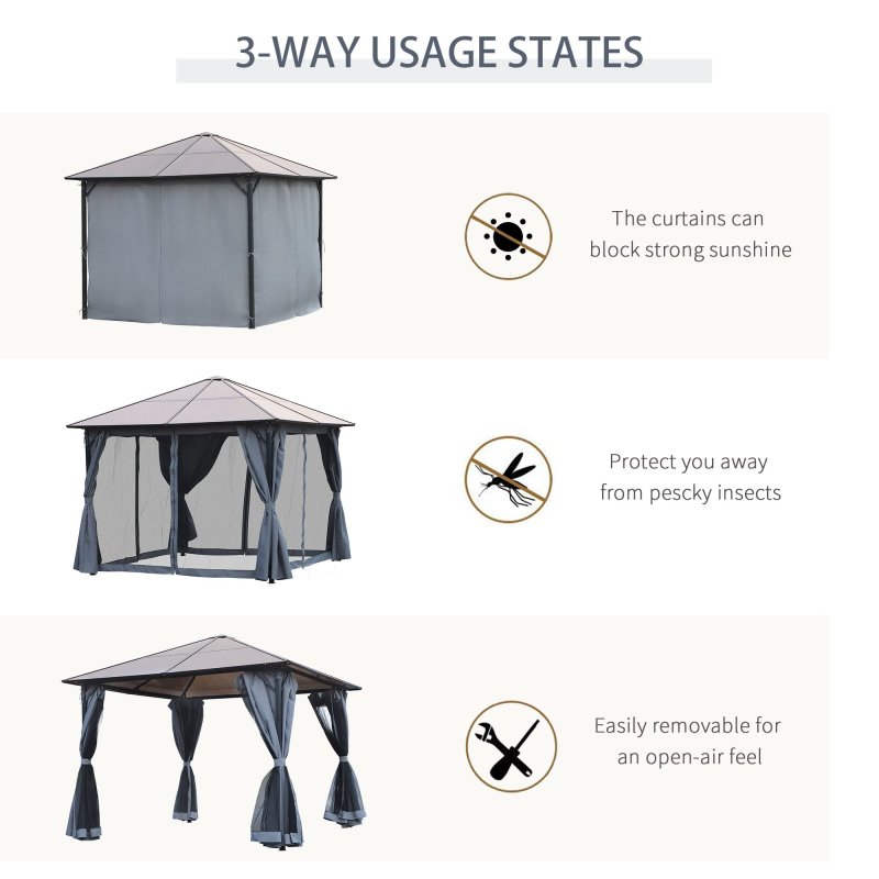 Outsunnym 3 x 3(m) Hardtop Gazebo Canopy with Polycarbonate Roof, Aluminium Frame, Permanent Pavilion Garden Gazebo with Netting and Curtains - Grey