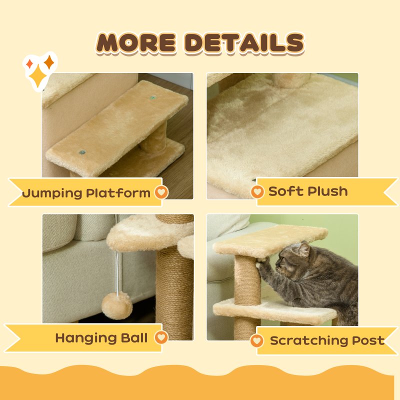 PawHut Dog Steps for Bed, 4 Step Pet Stairs with Cat House, Detachable Cover, Jute Scratching Post, Cat Climb ladder for Sofa w/ Hanging Balls - Beige