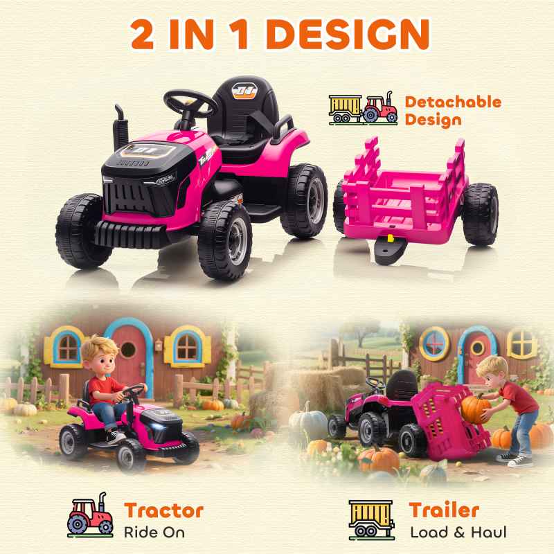 AIYAPLAY Ride on Tractor with Trailer, 12V Electric Vehicle with Remote Control, Ride on Car for Kids with Music, Shifter, Start-Up Sound for Ages 3-8 Years, Pink
