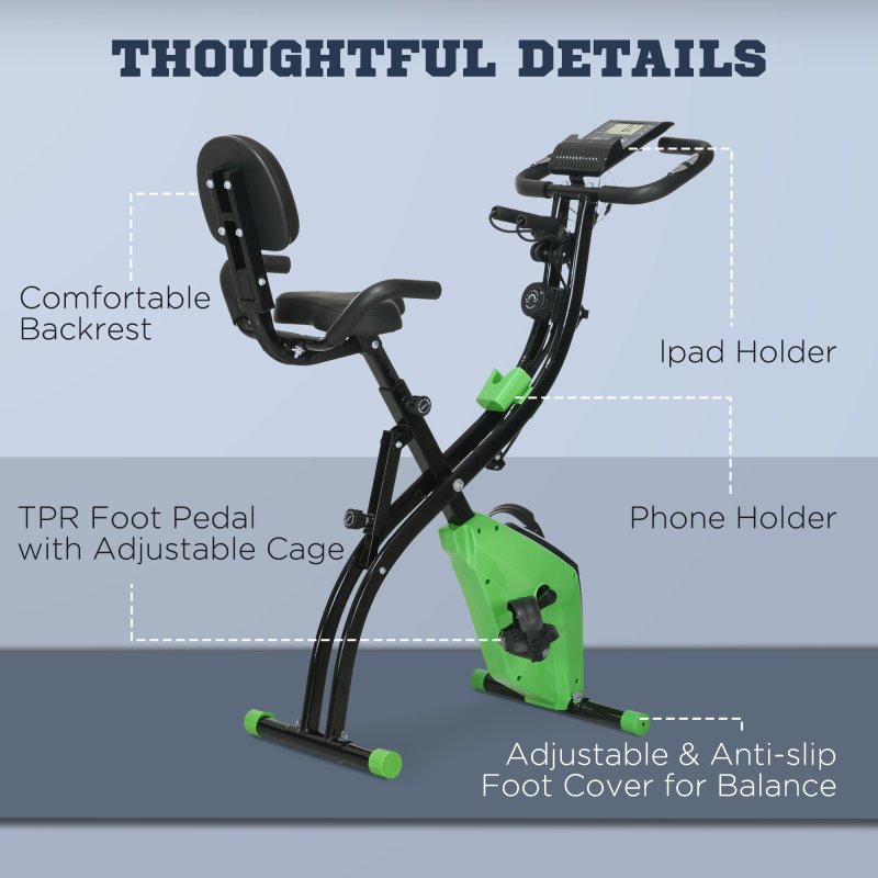 HOMCOM 2-in-1 Folding Exercise Bike, Foldable Stationary Bike with 8-Level Adjustable Magnetic Resistance, Arm Resistance Band, Pulse Sensor and LCD Monitor, Green