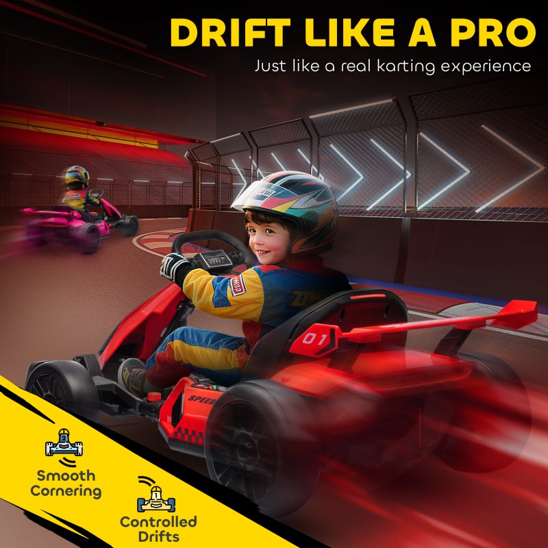 HOMCOM 24V Electric Go Kart for Kids, Ride On Racing Kart with Adjustable Seat, Battery Powered Drifting Ride On Car with Music, Light, Slow Start, Button Start, Horn, for 6-12 Years, Red