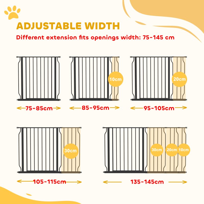 PawHut Dog Gate Wide Stair Gate w/ Door Pressure Fit Pets Barrier for Doorway, Hallway, 76H x 75-145W cm - Black