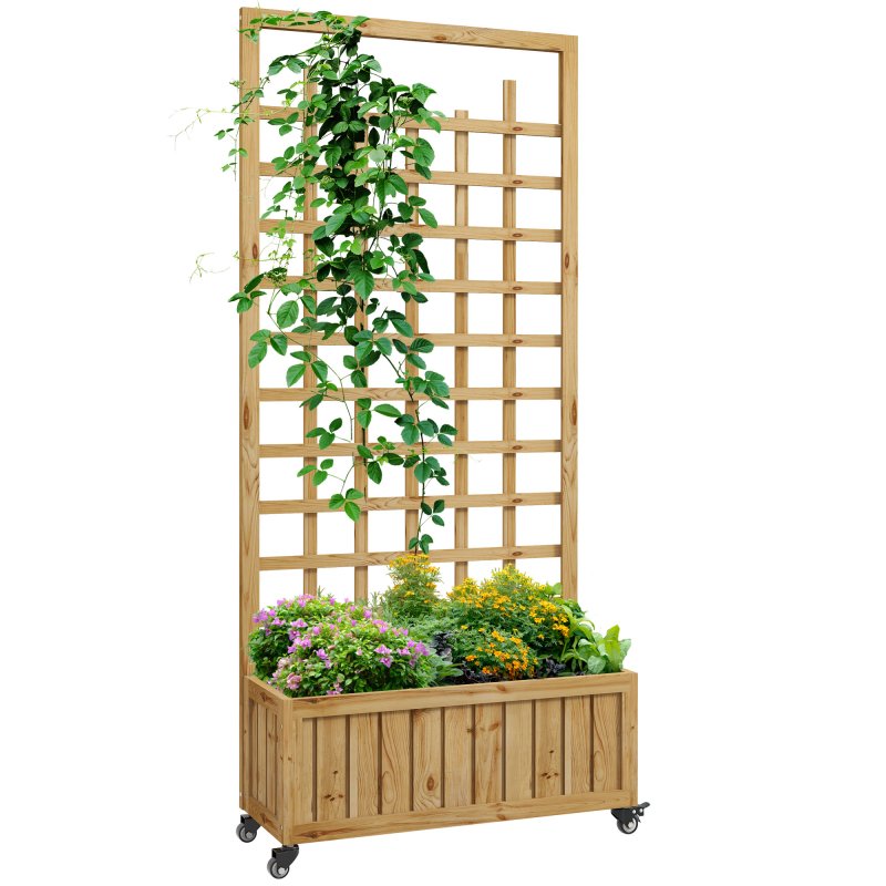 Outsunny Wooden Trellis Planter, Raised Beds for Garden with Wheels and Drainage Holes, Privacy Screen Planter Box to Grow Vegetables, Herbs and Flowers for Garden, Patio, Deck, Natural