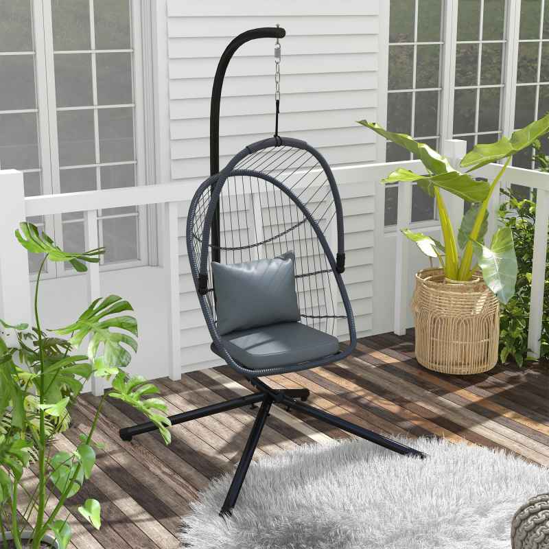 Outsunny Outdoor PE Rattan Swing Chair with Cushion, Foldable Basket Patio Hanging Chair with Metal Stand, 360 degree Rotation Spring Hook, Basket Height Adjust with Metal Chain, Grey