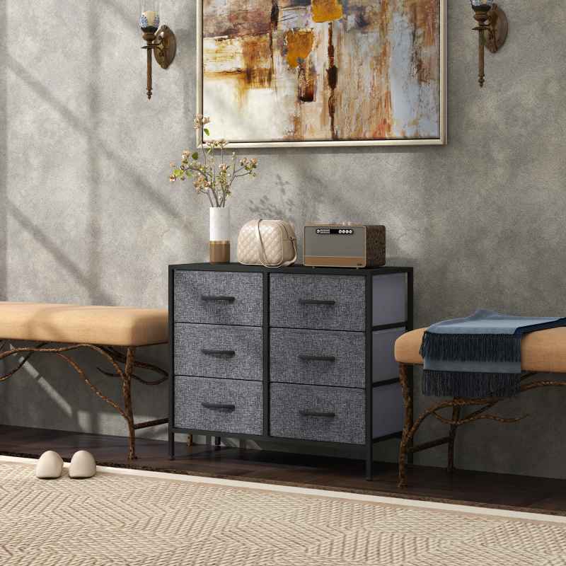 HOMCOM Fabric Chest of Drawers, Storage Drawers, Industrial Bedroom Dresser with 6 Fabric Drawers, Steel Frame and Wooden Top for Nursery, Living Room, Hallway, Black