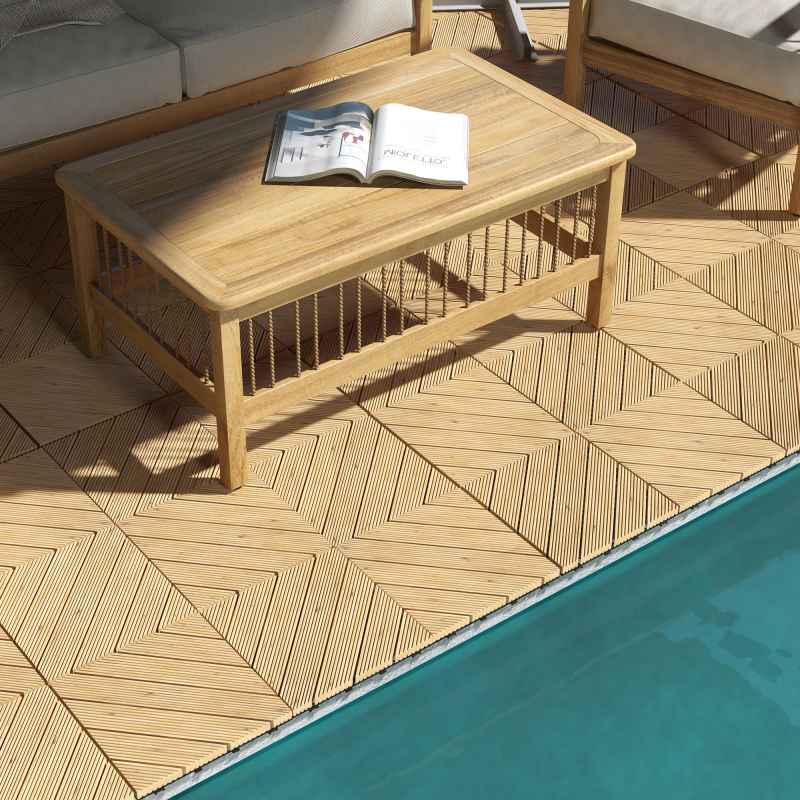 Outsunny 9 Pcs Wooden Interlocking Decking Tiles, 30 x 30 cm Anti-slip Outdoor Flooring Tiles, 0.81m² per Pack, All Weather Use for Patio, Balcony, Terrace, Hot Tub, Yellow