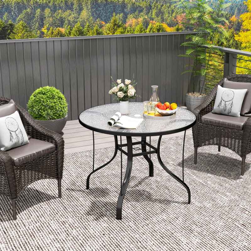 Outsunny Outdoor Dining Table with Parasol Hole, Tempered Glass Top Metal Frame Coffee Table, Round, 96.5 x 96.5 x 71 cm