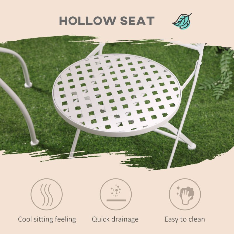 Outsunny 3 Pieces Garden Bistro Set, Folding Outdoor Single Chairs and Mosaic Garden Table Furniture Set for Patio, Balcony, Deck, White