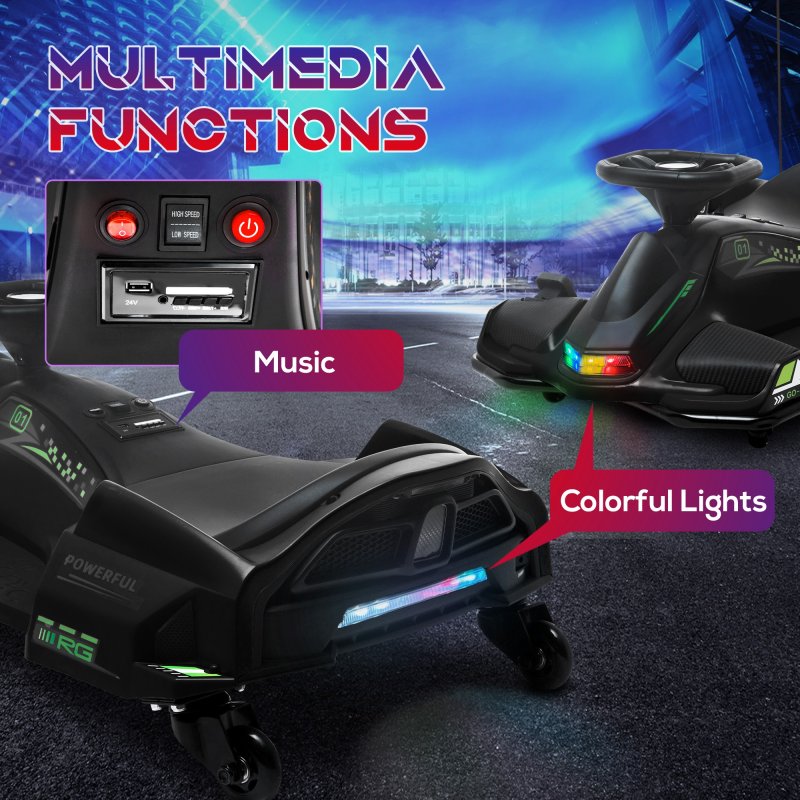 HOMCOM 12V Electric Go Kart for Kids, Battery Powered Ride on Drift Car with Music, Colourful LED Lights, Slow-Start, for Ages 8-12 Years, Black