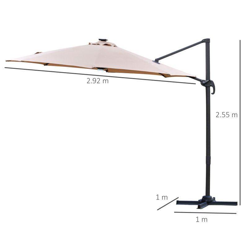 Outsunny 3(m) Cantilever Roma Parasol Garden Sun Umbrella Outdoor Patio with 360 Rotation Crank & Tilt Aluminium Frame LED Solar Light Cross Base, Brown
