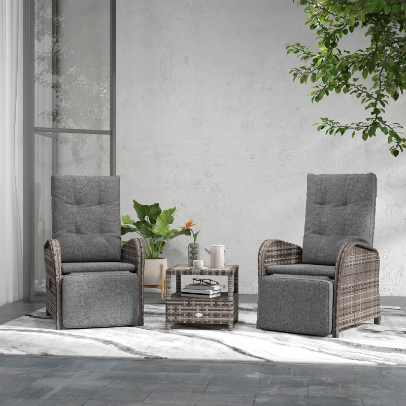 Outsunny 3 Pieces Rattan Bistro Set, Wicker Balcony Furniture Set with Reclining Sun Loungers, 2-Tier Coffee Table and Cushions, 2 Seater Garden Furniture for Outdoor Patio Balcony, Brown