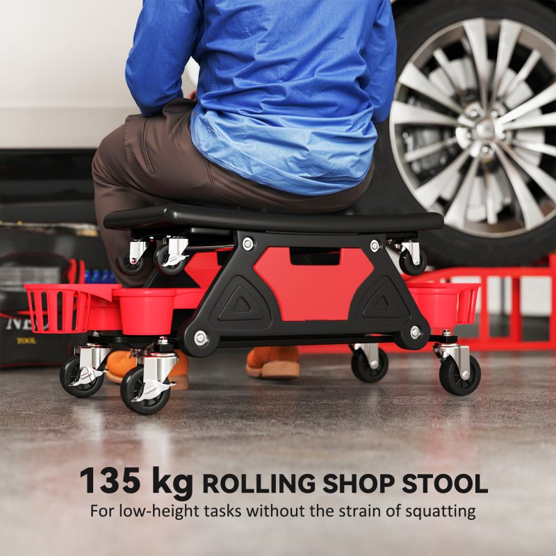HOMCOM Rolling Mechanic Stool, 135kg Capacity Workshop Stool with 360 Swivel Wheels, Roller Creeper Seat with Slide Out Tool Trays, Drawer, Bottle Holders for Garage, Shop, Auto Repair, Red