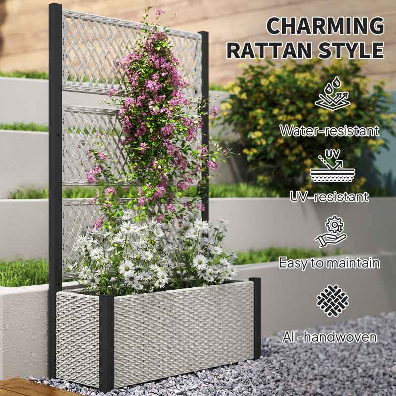 Outsunny Garden Planter Box with Trellis, Liner, Rattan Raised Bed, Trough Planter with Topped Trellis for Climbing Plants, Vegetables, Flowers, 90 x 35 x 148 cm, Mixed-grey