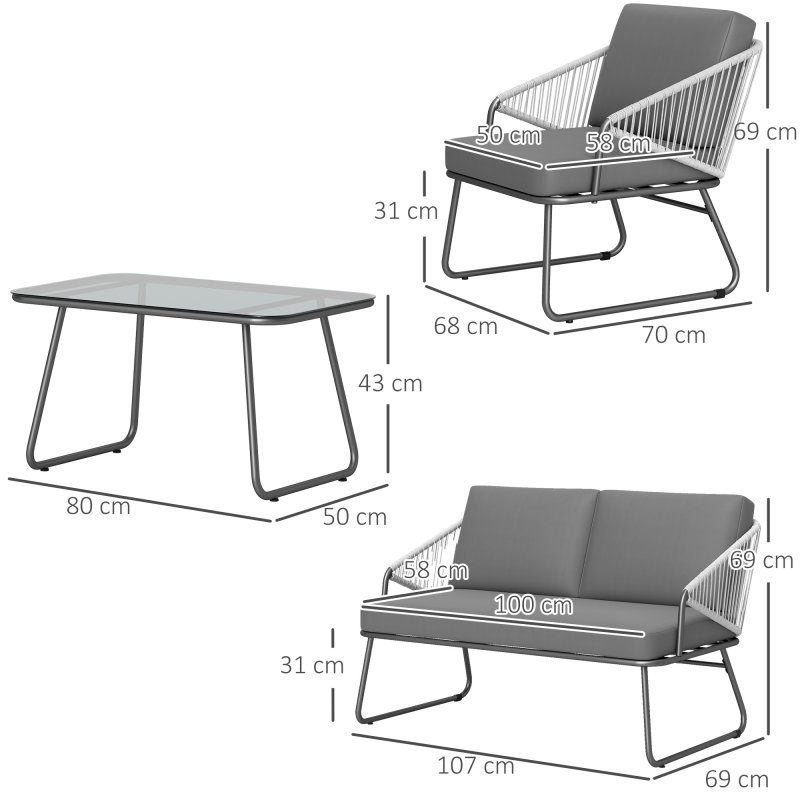 Outsunny 4 Piece Rattan Garden Furniture Set, Wicker Patio Outdoor Furniture Set with Loveseat, Armchairs, Glass Top Coffee Table and Cushions for Patio, Conservatory, Balcony, Grey