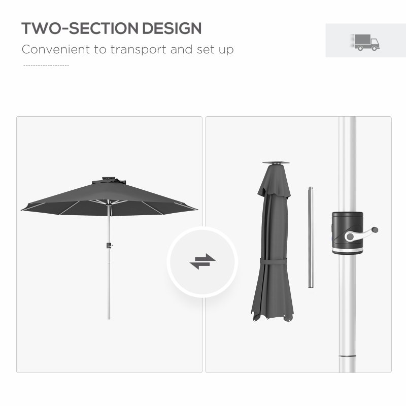 Outsunny 3(m) Solar Powered Garden Parasol with Lights, LED Lighted Deck Umbrella with 48mm Aluminium Pole, Crank, Solar Charged and USB Type-c, for Balcony, Outdoor and Lawn, Charcoal Grey