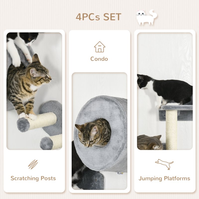 PawHut 4PCs Wall Mounted Cat Tree, Cat Wall Furniture with Platforms, Steps, Scratching Post, Perch, Cat House for Indoor Cats - Grey
