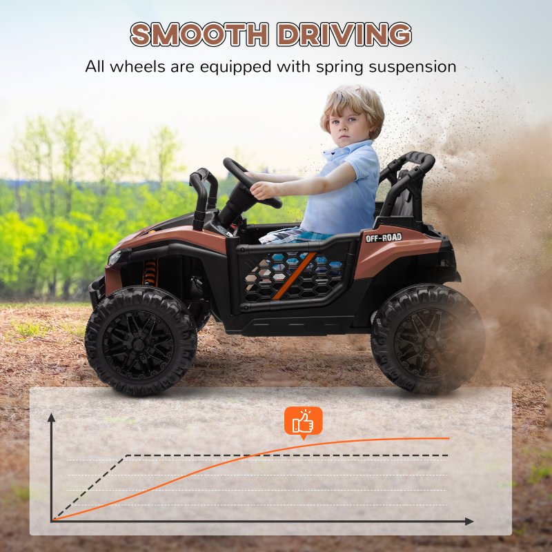 AIYAPLAY Kids Ride on Car, 12V Battery Powered Electric Truck with Remote Control, 4 Suspension Wheels, Horn, Lights, Music, USB, for Ages 3-5 Years, Brown